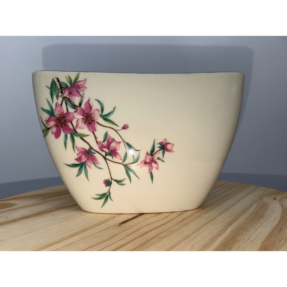 Lenox Pink Floral Oval Vase Ivory Platinum Trim -USA made -Vintage Glass Decor